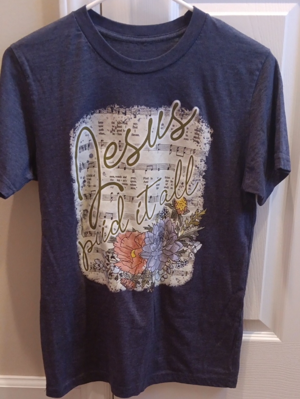 Navy Graphic Tee-Jesus Paid It All